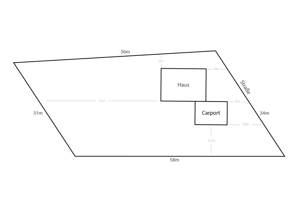 Zeichnung des Grundstücks mit ungefähren Längenangaben und ungefähre Platzierung des Hauses und Carport auf dem Grundstück